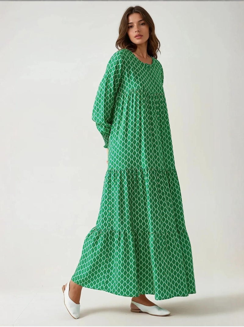 Vestido maxi de viscose estampado com decote redondo hiccup Verde garrafa - Kiabi