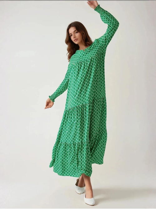 Vestido maxi de viscose estampado com decote redondo hiccup - Kiabi Vestido maxi de viscose estampado com decote redondo hiccup - Kiabi