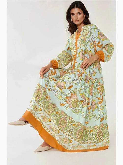 Vestido maxi de viscose estampado com manga comprida hiccup - Kiabi Vestido maxi de viscose estampado com manga comprida hiccup - Kiabi