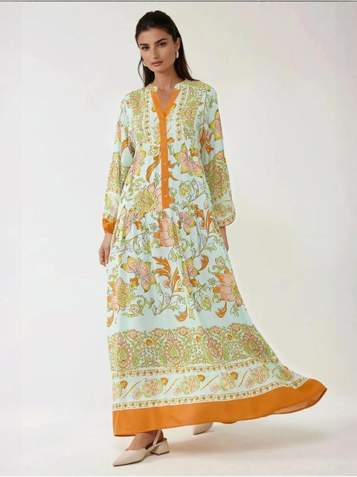Vestido maxi de viscose estampado com manga comprida hiccup - Kiabi Vestido maxi de viscose estampado com manga comprida hiccup - Kiabi