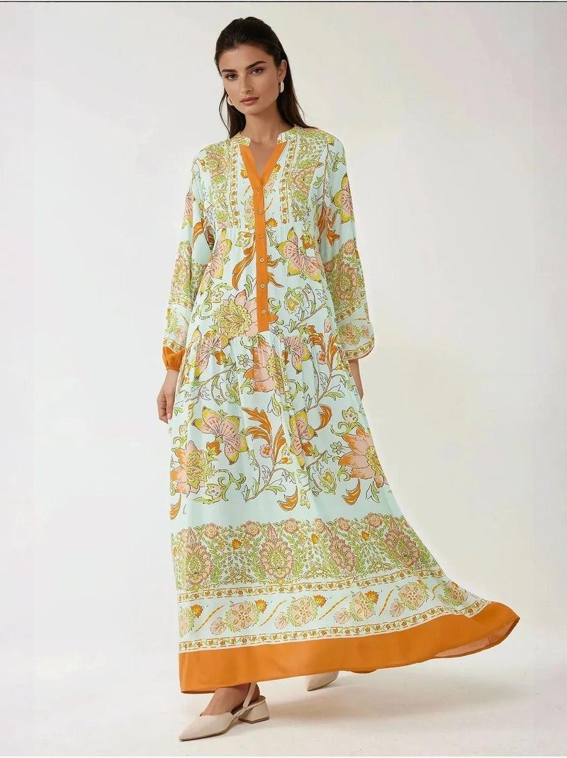 Vestido maxi de viscose estampado com manga comprida hiccup Laranja - Kiabi