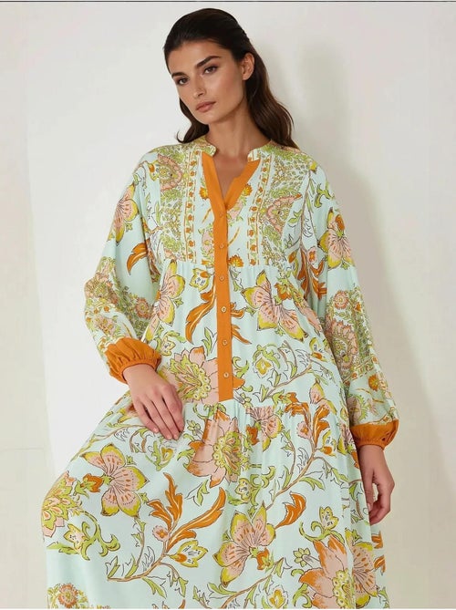 Vestido maxi de viscose estampado com manga comprida hiccup - Kiabi Vestido maxi de viscose estampado com manga comprida hiccup - Kiabi