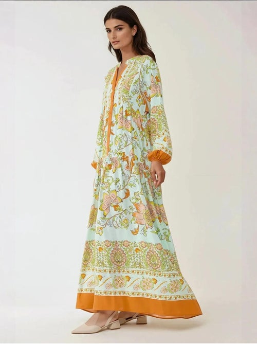 Vestido maxi de viscose estampado com manga comprida hiccup - Kiabi Vestido maxi de viscose estampado com manga comprida hiccup - Kiabi