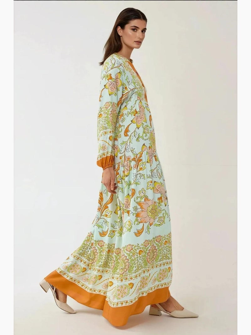 Vestido maxi de viscose estampado com manga comprida hiccup Laranja - Kiabi