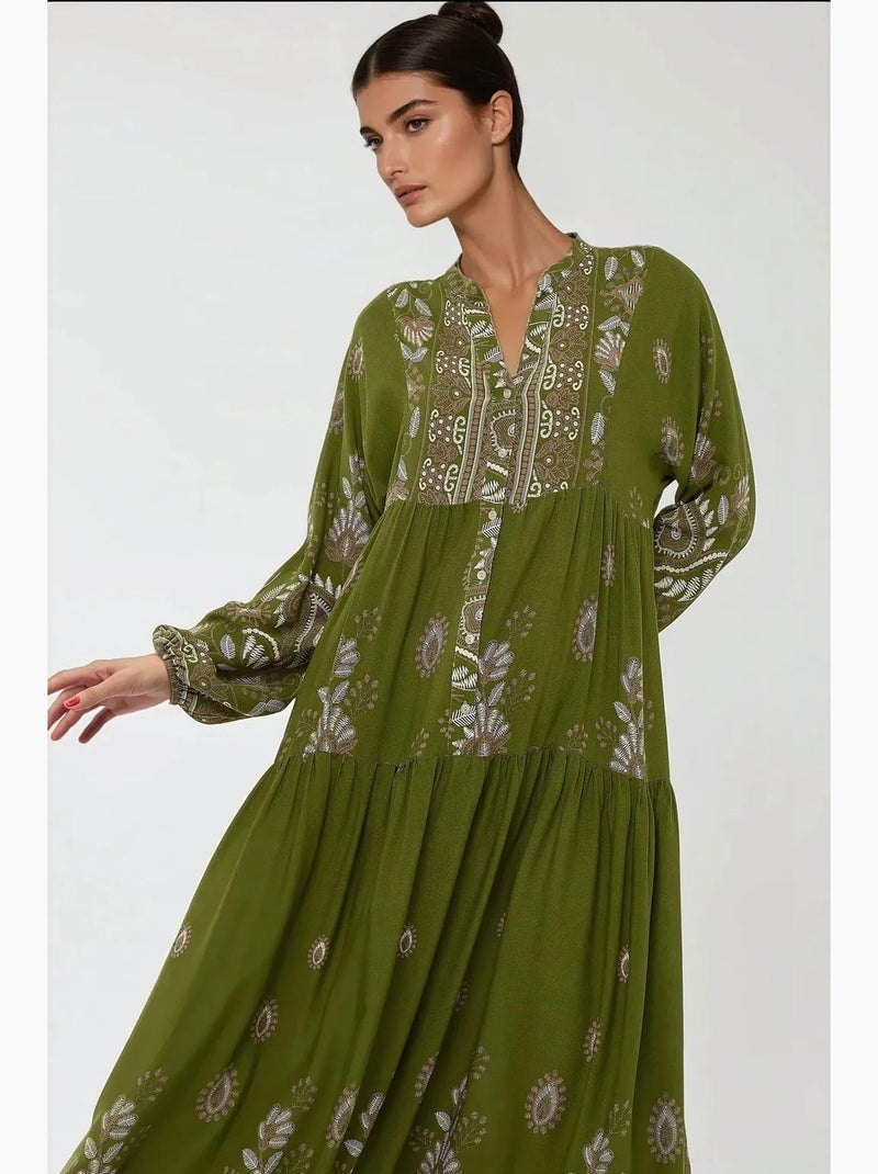 Vestido maxi de viscose estampado de manga comprida hiccup Cáqui - Kiabi