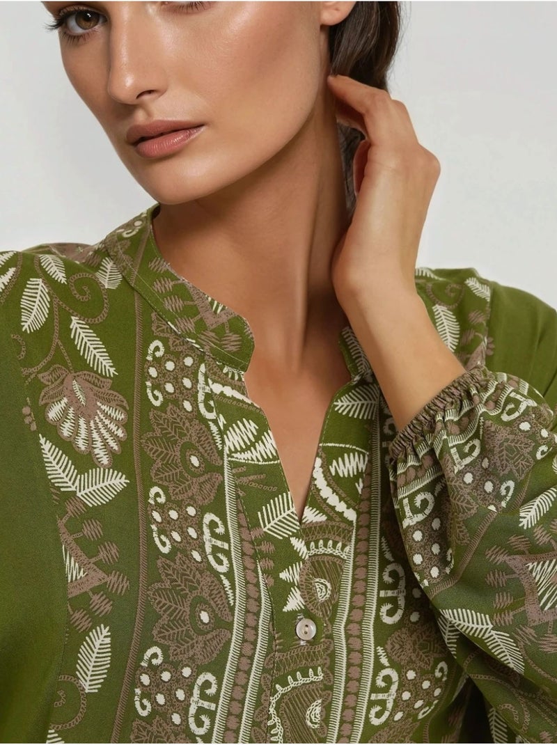 Vestido maxi de viscose estampado de manga comprida hiccup Cáqui - Kiabi