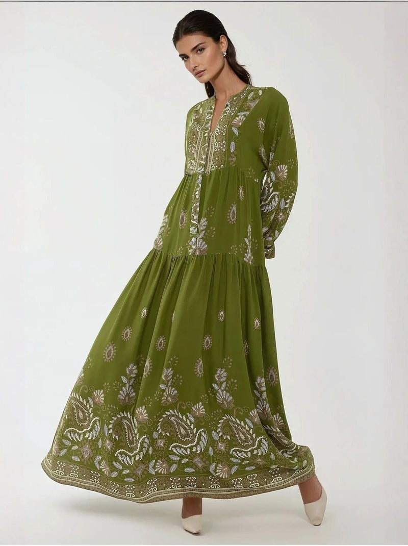 Vestido maxi de viscose estampado de manga comprida hiccup Cáqui - Kiabi