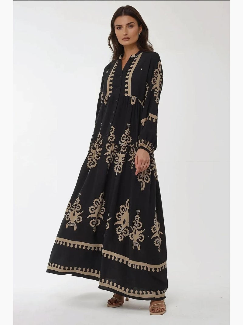 Vestido maxi de viscose estampado de manga comprida hiccup Preto - Kiabi