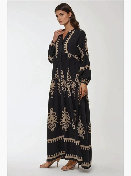 Vestido maxi de viscose estampado de manga comprida hiccup - Kiabi Vestido maxi de viscose estampado de manga comprida hiccup - Kiabi