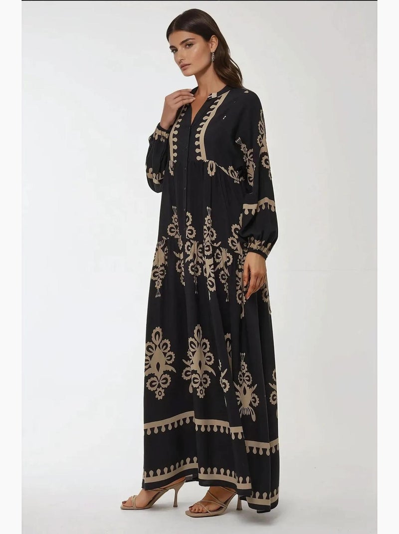 Vestido maxi de viscose estampado de manga comprida hiccup Preto - Kiabi