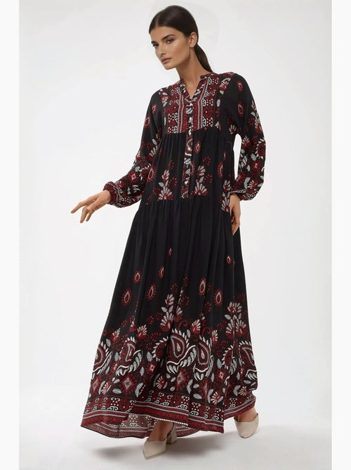 Vestido maxi de viscose estampado de manga comprida hiccup - Kiabi Vestido maxi de viscose estampado de manga comprida hiccup - Kiabi
