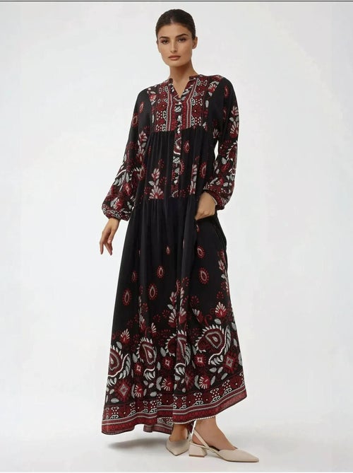 Vestido maxi de viscose estampado de manga comprida hiccup - Kiabi Vestido maxi de viscose estampado de manga comprida hiccup - Kiabi