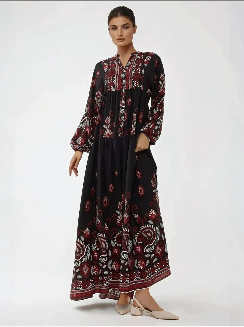 Vestido maxi de viscose estampado de manga comprida hiccup Preto - Kiabi