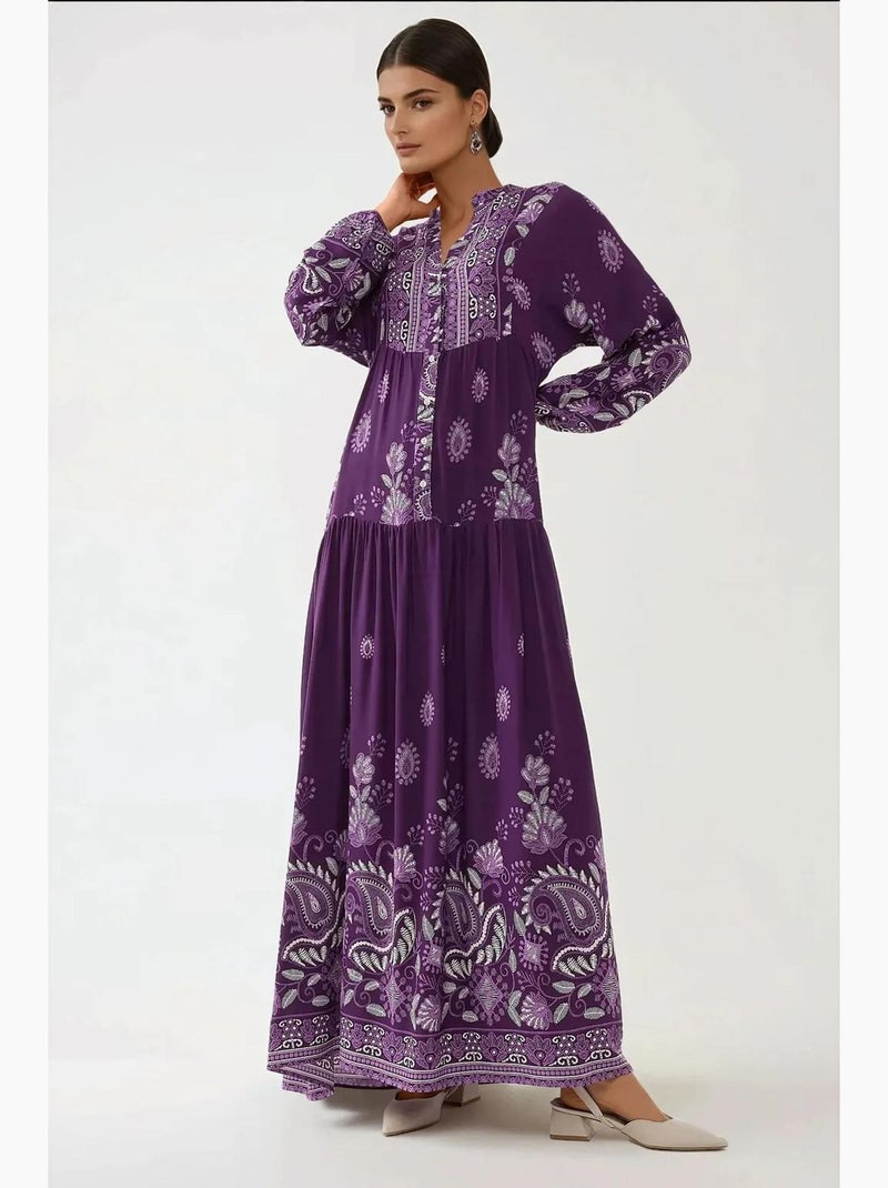 Vestido maxi de viscose estampado de manga comprida hiccup Roxo - Kiabi