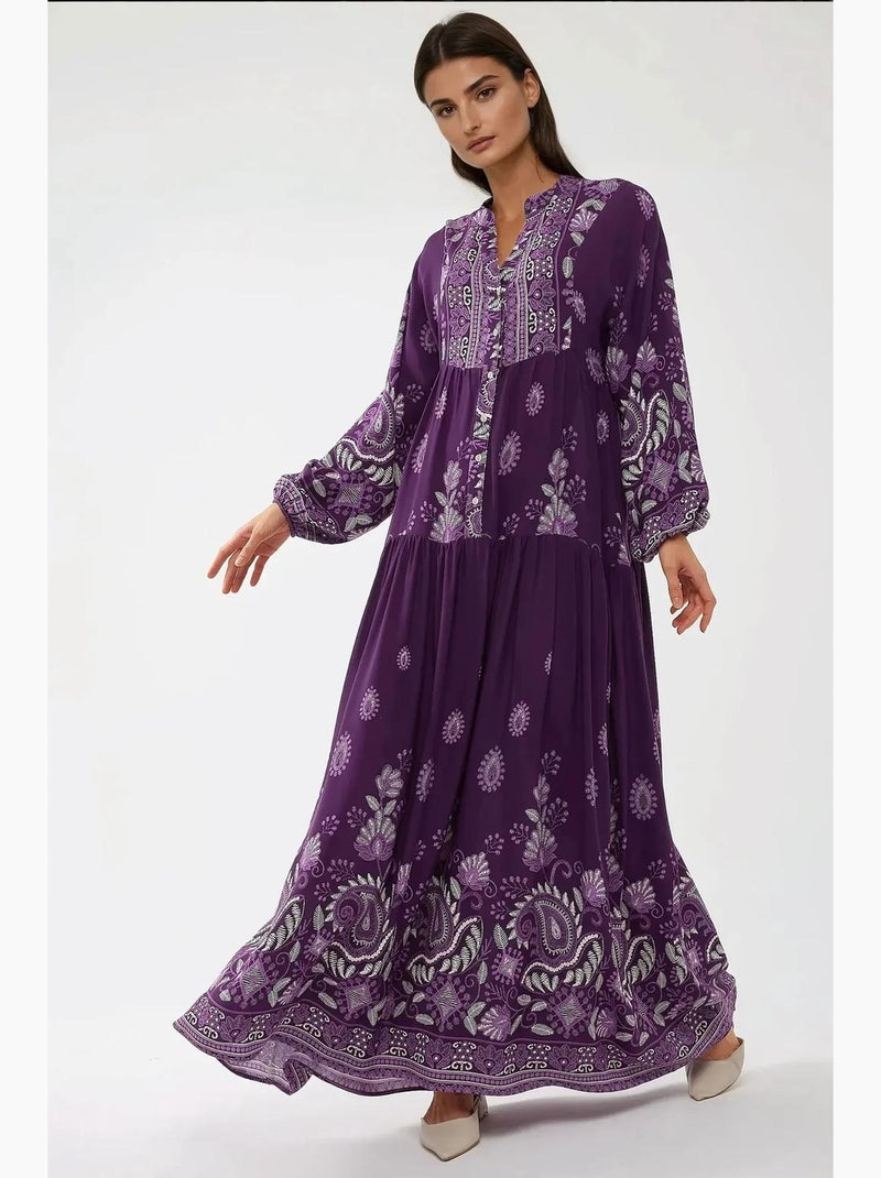 Vestido maxi de viscose estampado de manga comprida hiccup Roxo - Kiabi