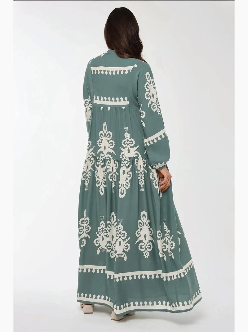 Vestido maxi de viscose estampado de manga comprida hiccup Verde pastel - Kiabi