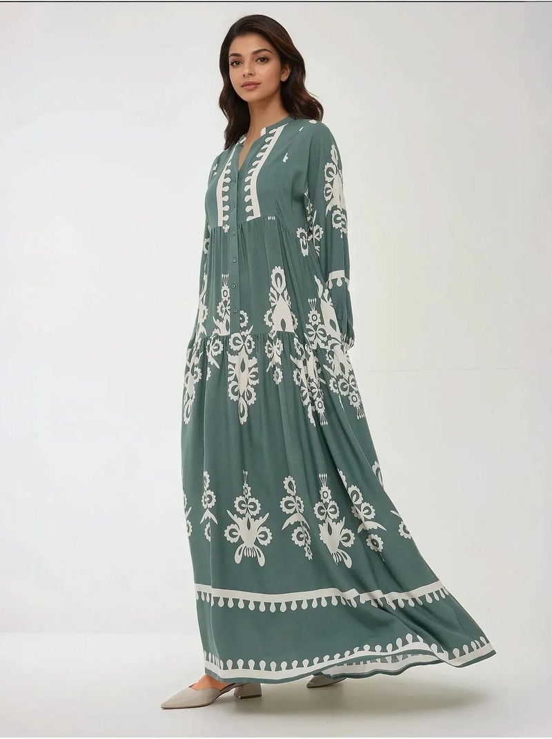 Vestido maxi de viscose estampado de manga comprida hiccup Verde pastel - Kiabi