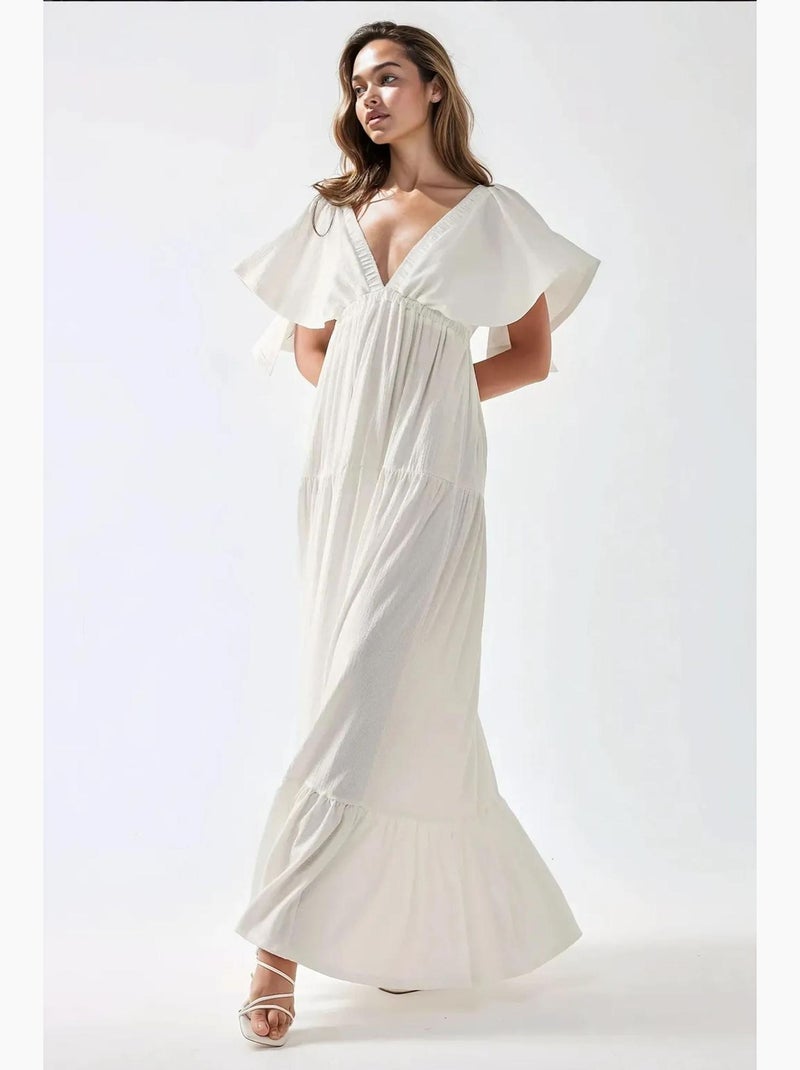Vestido maxi em a com decote em v texturizado hiccup Branco - Kiabi