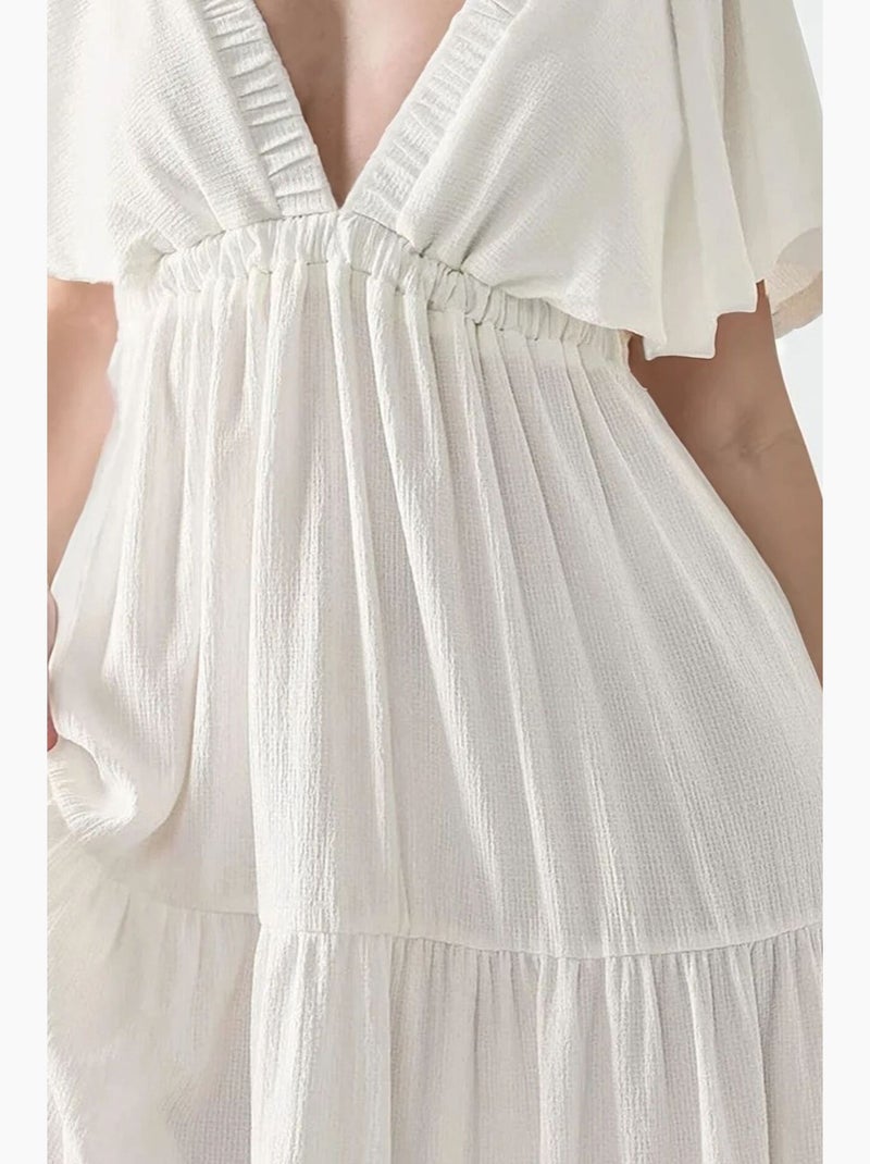 Vestido maxi em a com decote em v texturizado hiccup Branco - Kiabi