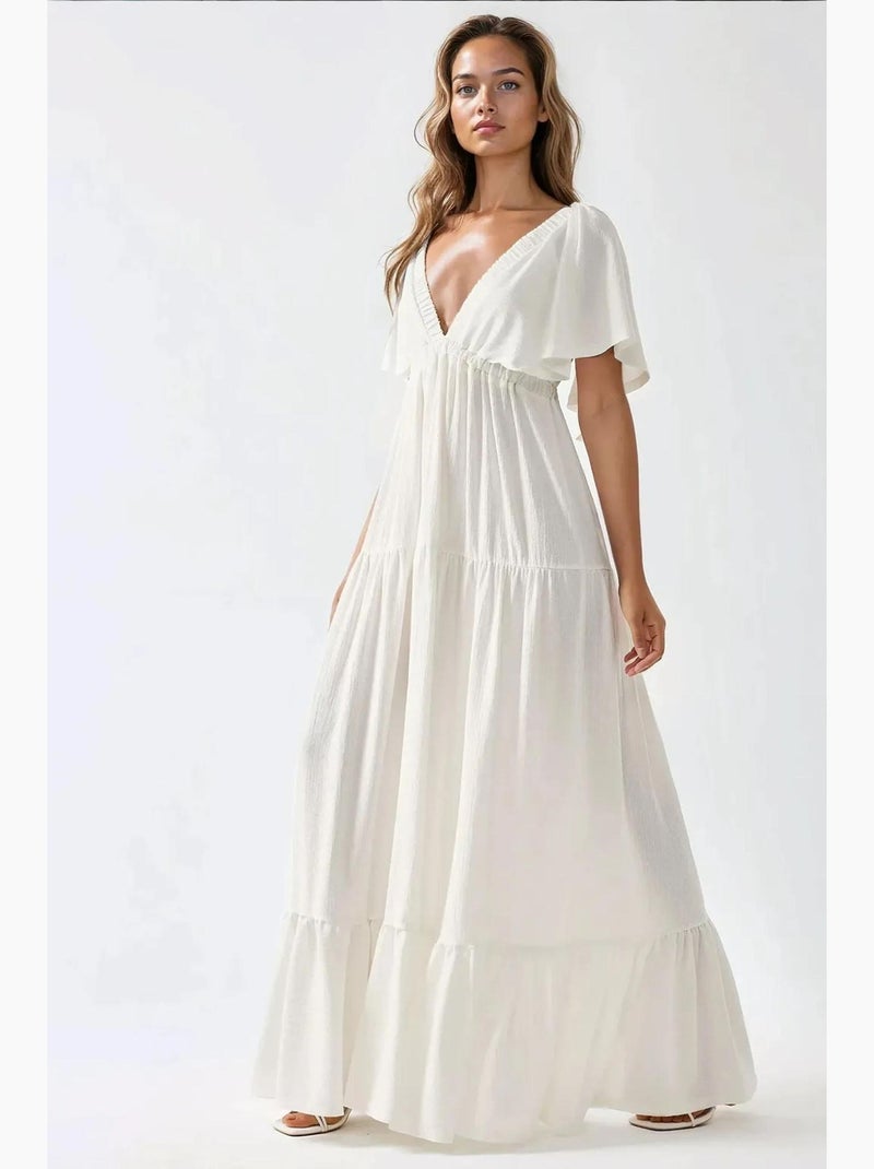 Vestido maxi em a com decote em v texturizado hiccup Branco - Kiabi