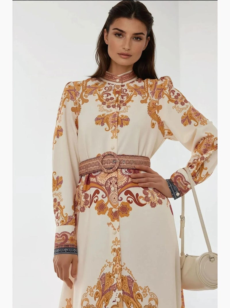 Vestido maxi em a estampado com cinto hiccup Laranja - Kiabi