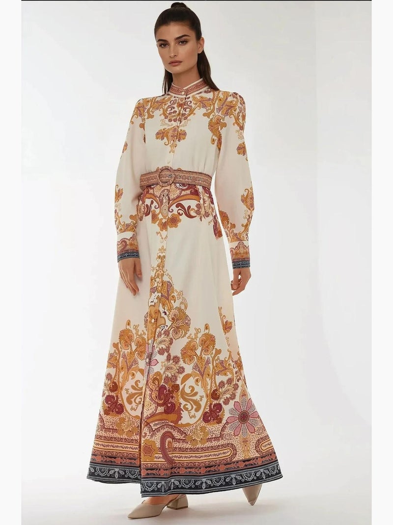 Vestido maxi em a estampado com cinto hiccup Laranja - Kiabi