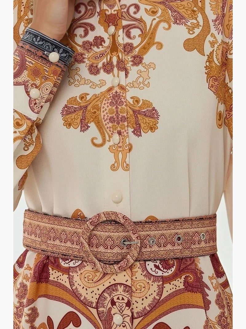 Vestido maxi em a estampado com cinto hiccup Laranja - Kiabi