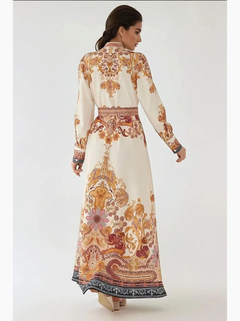 Vestido maxi em a estampado com cinto hiccup Laranja - Kiabi