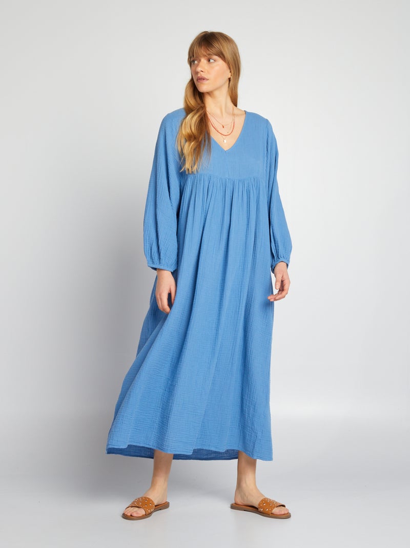 Vestido maxi em gaze dupla de algodão AZUL - Kiabi