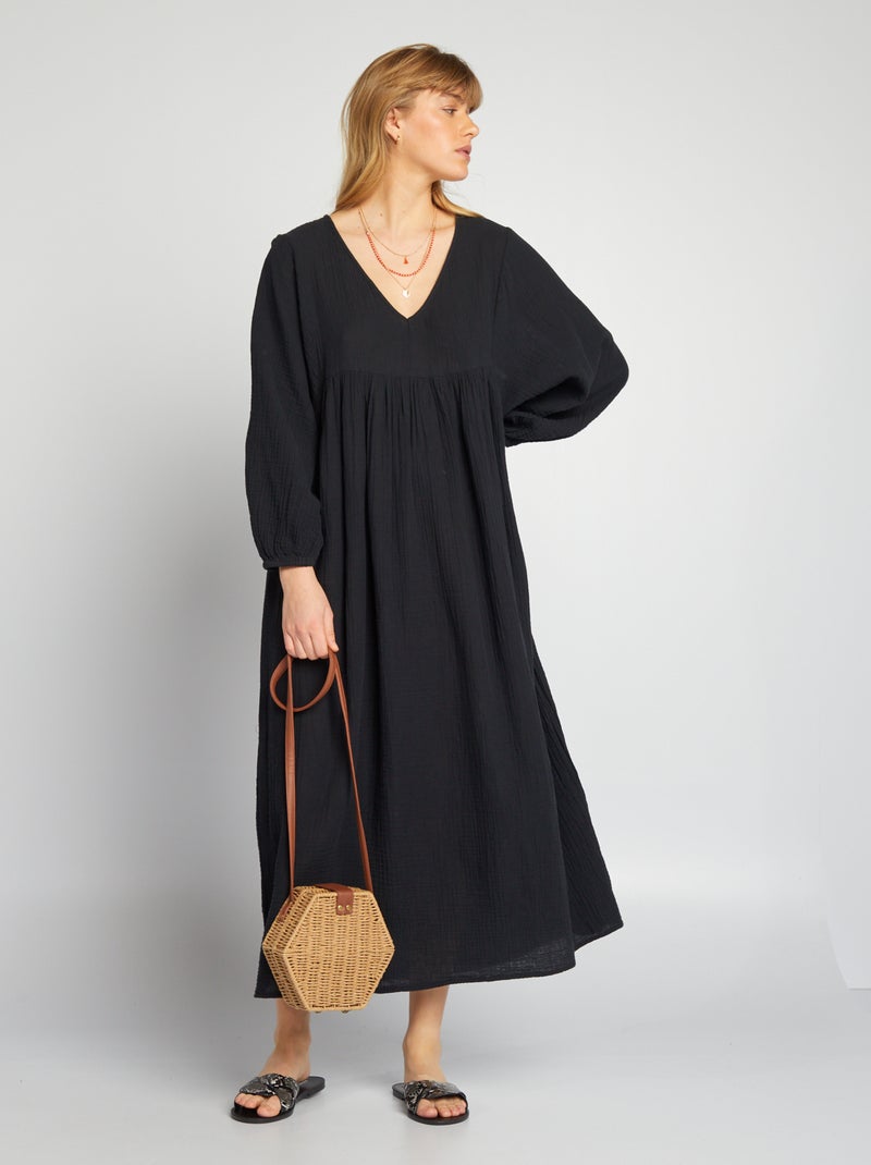 Vestido maxi em gaze dupla de algodão Preto - Kiabi