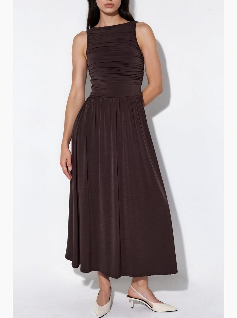 Vestido maxi em linha a com decote barco hiccup Castanho-escuro - Kiabi