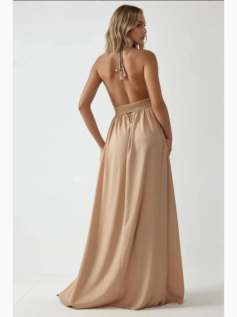 Vestido maxi em linha a com decote em v hiccup Camelo - Kiabi
