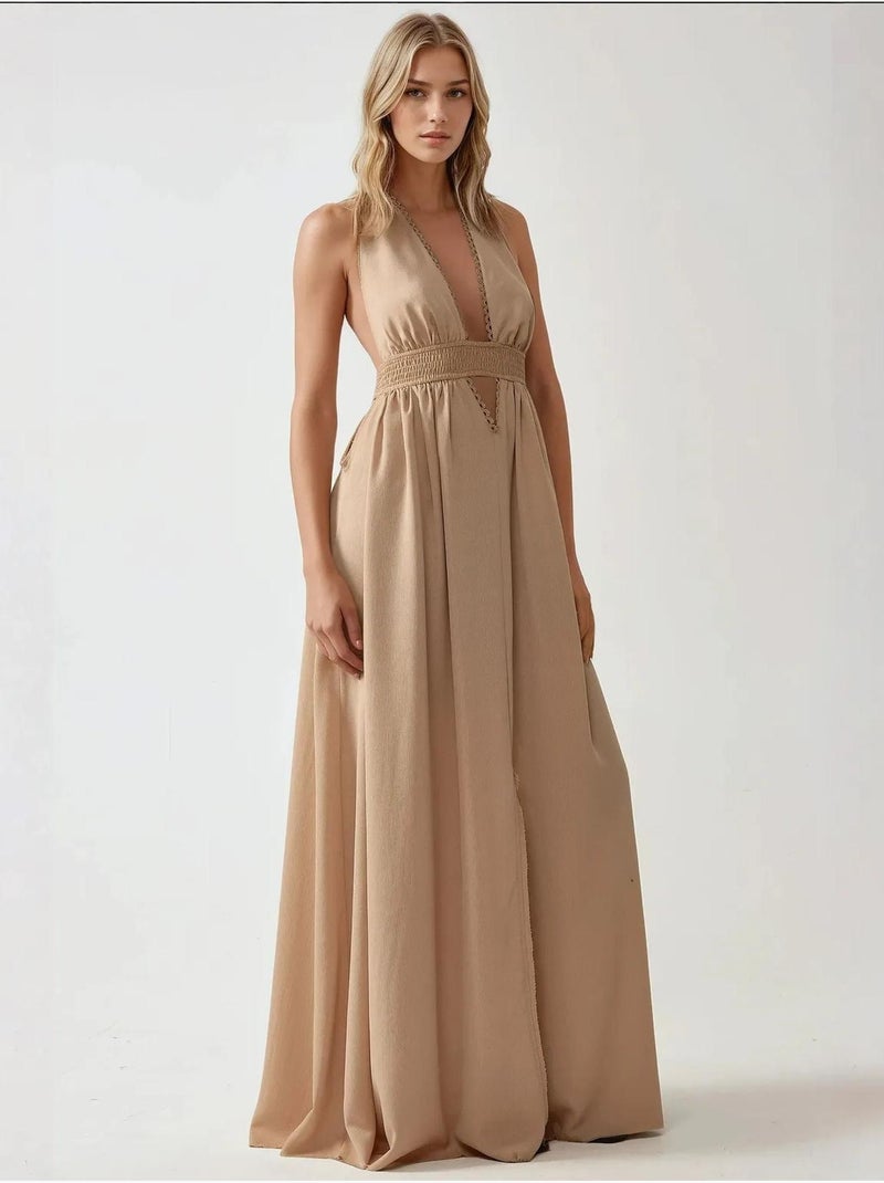 Vestido maxi em linha a com decote em v hiccup Camelo - Kiabi