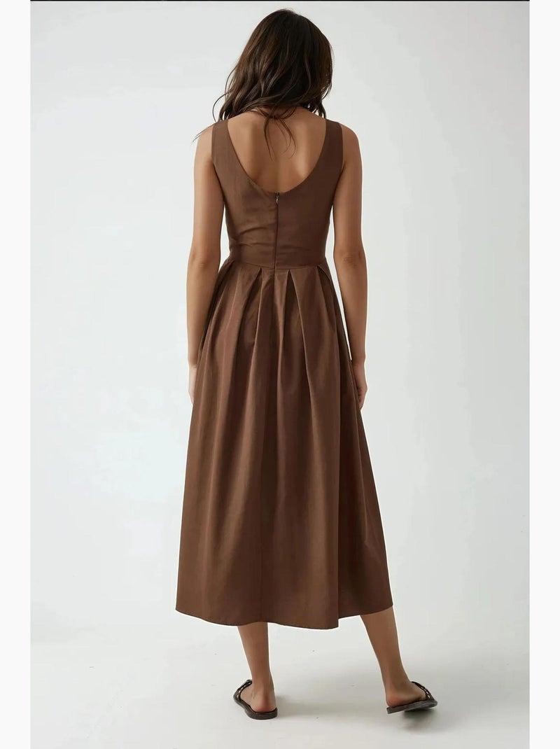Vestido maxi em linha a com decote redondo e fecho de correr hiccup Castanho-claro - Kiabi