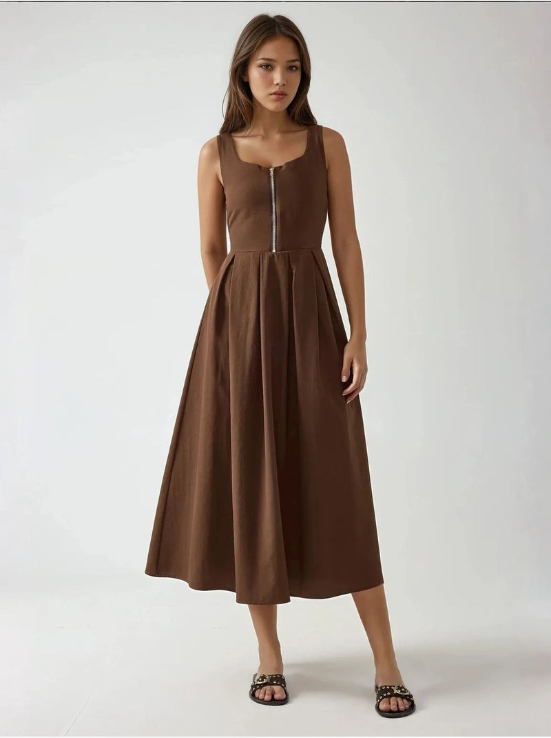 Vestido maxi em linha a com decote redondo e fecho de correr hiccup Castanho-claro - Kiabi