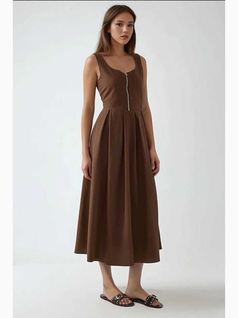 Vestido maxi em linha a com decote redondo e fecho de correr hiccup Castanho-claro - Kiabi