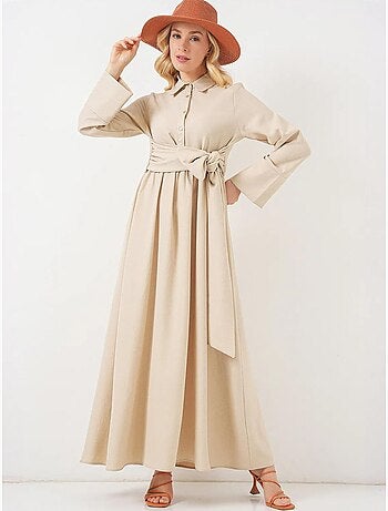 Vestido maxi em linha a de manga comprida com detalhe de faixa na cintura bdart