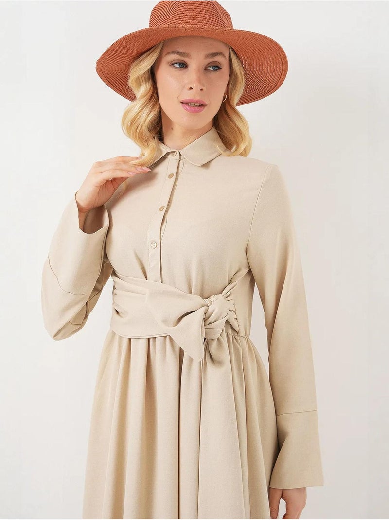 Vestido maxi em linha a de manga comprida com detalhe de faixa na cintura bdart Bege-argila - Kiabi