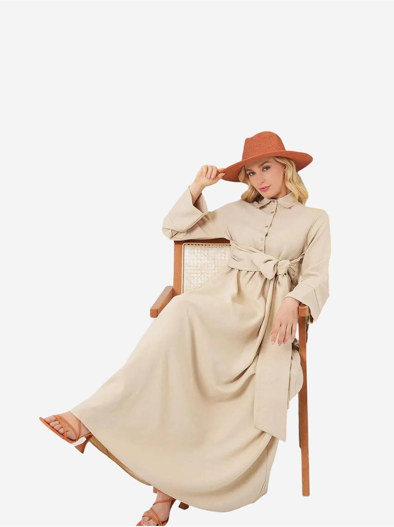 Vestido maxi em linha a de manga comprida com detalhe de faixa na cintura bdart Bege-argila - Kiabi