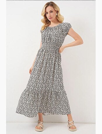 Vestido maxi em linha a floral com detalhes elásticos bdart