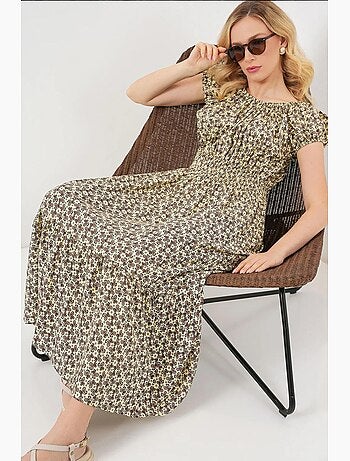 Vestido maxi em linha a floral com detalhes elásticos bdart