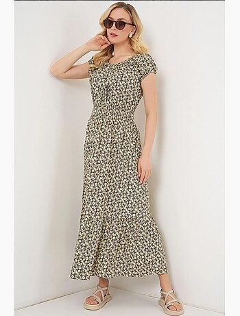 Vestido maxi em linha a floral com detalhes elásticos bdart