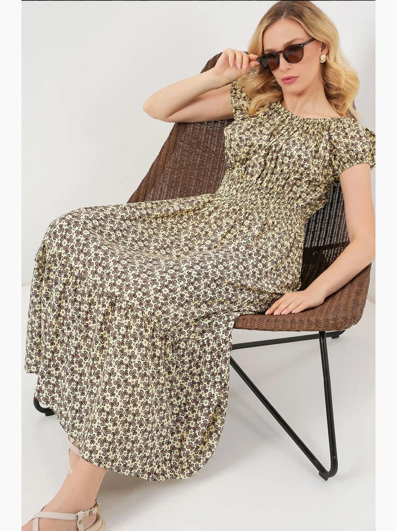 Vestido maxi em linha a floral com detalhes elásticos bdart Verde cáqui - Kiabi