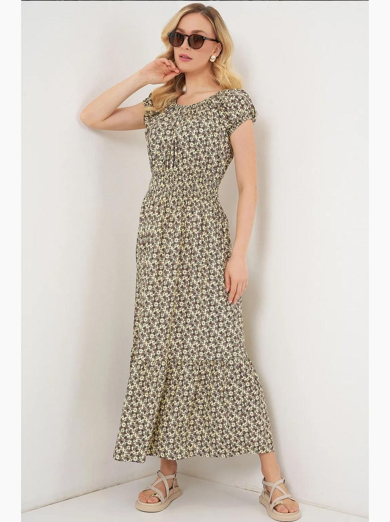 Vestido maxi em linha a floral com detalhes elásticos bdart Verde cáqui - Kiabi