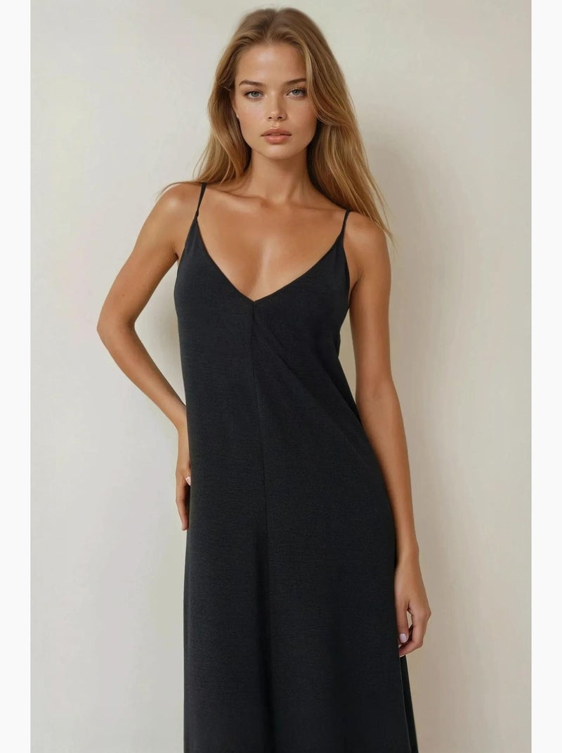 Vestido maxi em linha a hiccup Preto - Kiabi