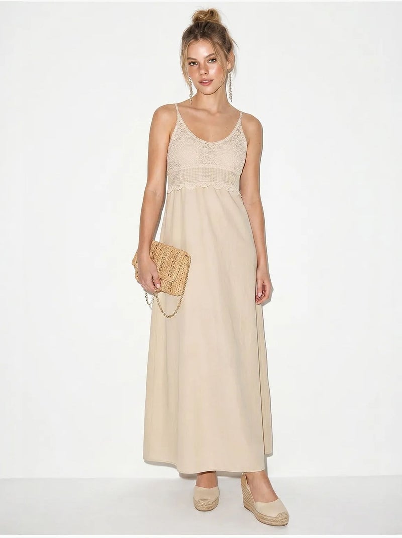 Vestido maxi em linha a sem mangas com detalhe em renda lucci Bege-argila - Kiabi
