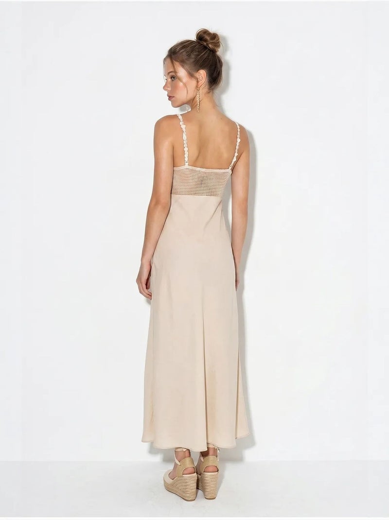 Vestido maxi em linha a sem mangas com detalhe em renda lucci Bege-argila - Kiabi