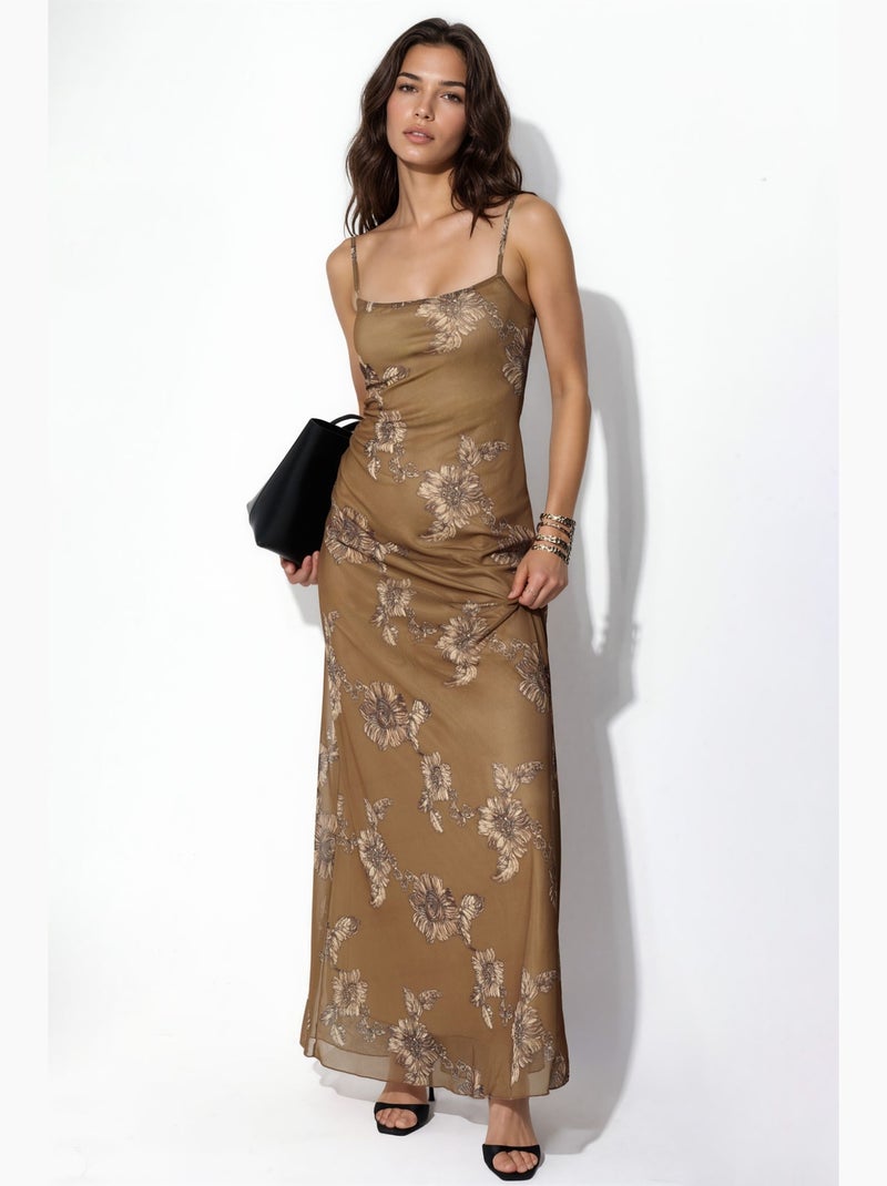 Vestido maxi em malha floral hiccup Cáqui - Kiabi