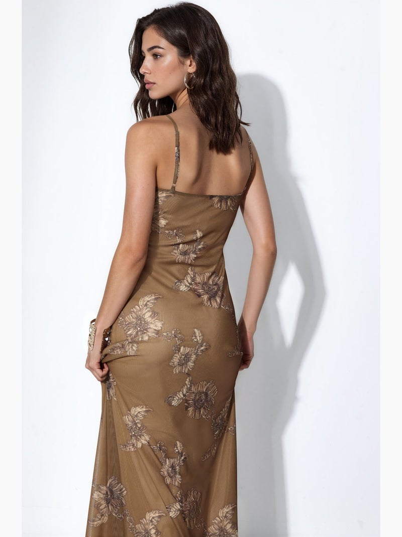 Vestido maxi em malha floral hiccup Cáqui - Kiabi