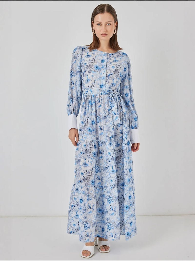 Vestido maxi em mistura de viscose com padrão e fecho de botões bdart Azul claro - Kiabi